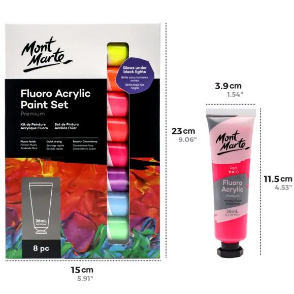 Set de Pintura Acrílica Premium Fluorescente Mont Marte de 8 Tubos de 36 ml. (1.2oz) PMFL8361