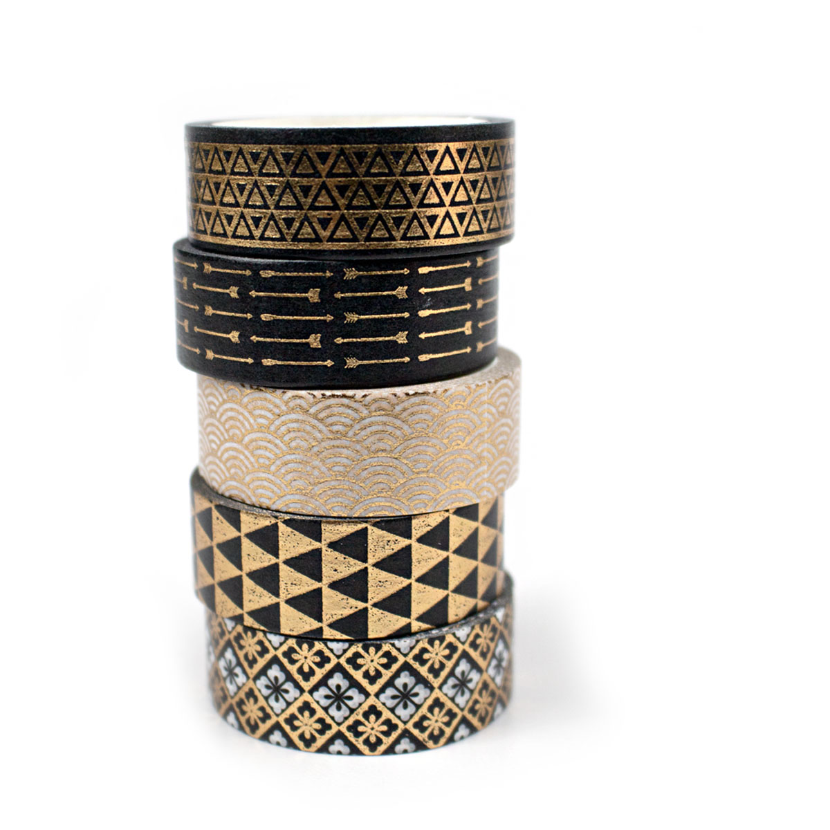 Set de 5 Washi Tape Negro con Diseños Dorados (Cinta Adhesiva con diseño)
