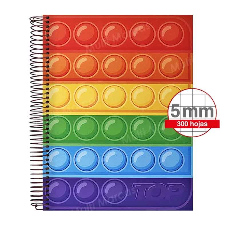 Cuaderno Espiral Tamaño Carta de 300 Hojas Tapa con Diseño, 70 gr, Hojas de Colores Cuadrícula Corriente 5 mm. - TOP