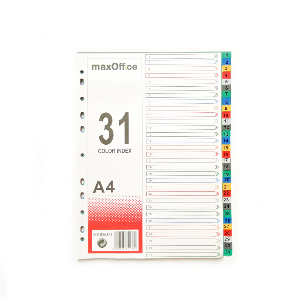 Set de 31 Separadores de Plástico Tamaño A4 Ennumerados del 1 al 31 y de Colores Surtidos - US-031A4 - MaxOffice