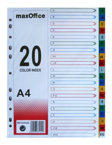 Set de 20 Separadores de Plástico Divisionados en Órden Alfabético de la "A" a la "Z", Tamaño A4,  Colores Surtidos  - US-020A4 - MaxOffice