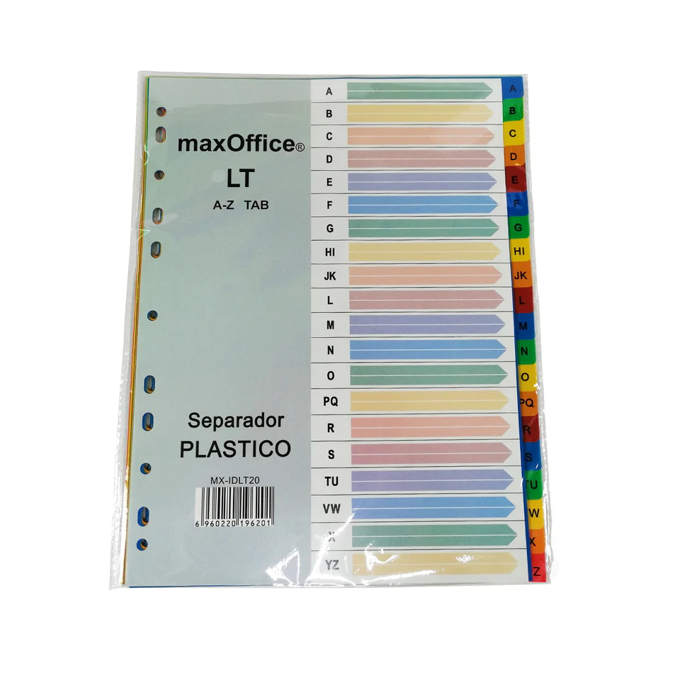 Set de 20 Separadores de Plástico Divisionados en Órden Alfabético de la "A" a la "Z", Tamaño Carta, Colores Surtidos - MX-IDLT20 - MaxOffice