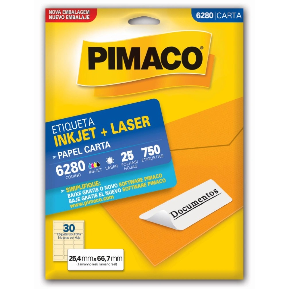 Paquete de 750 Etiquetas Adhesivas Tamaño 25,4 mm x 66,7 mm. de Uso Manual e Impresora InkJet (Inyección a Tinta Líquida) y Laser - 6280 - PIMACO