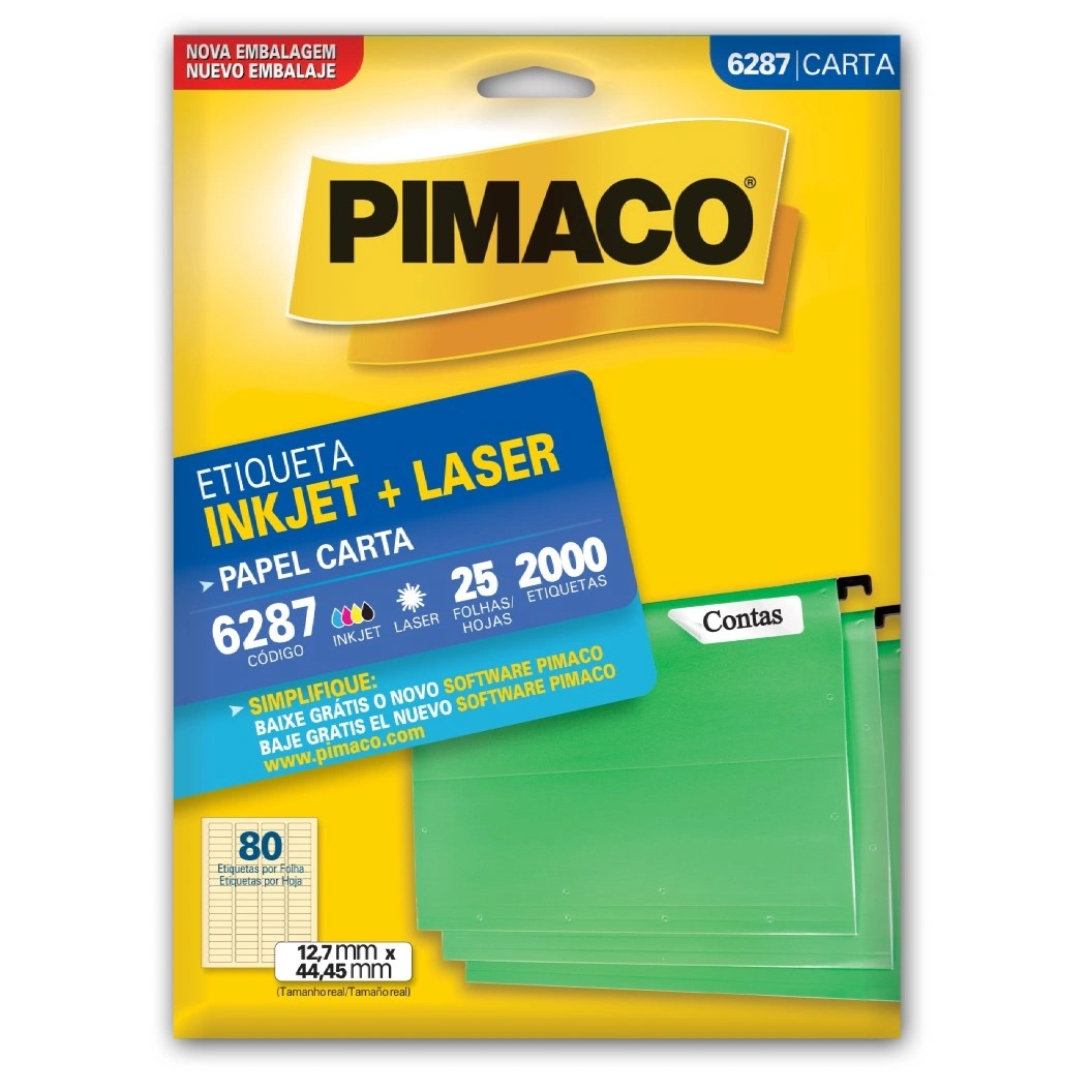 Paquete de 2000 Etiquetas Adhesivas Tamaño 12,7 mm x 44,45 mm. de Uso Manual e Impresora InkJet (Inyección a Tinta Líquida) y Laser - 6287 - PIMACO