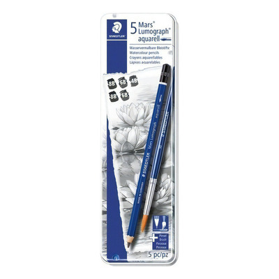 Set de 5 Lápices Grafito Acuarelable + 1 pincel #8 en Caja Metálica - Mars® Lumograph® aquarell - 100A G6 - STAEDTLER