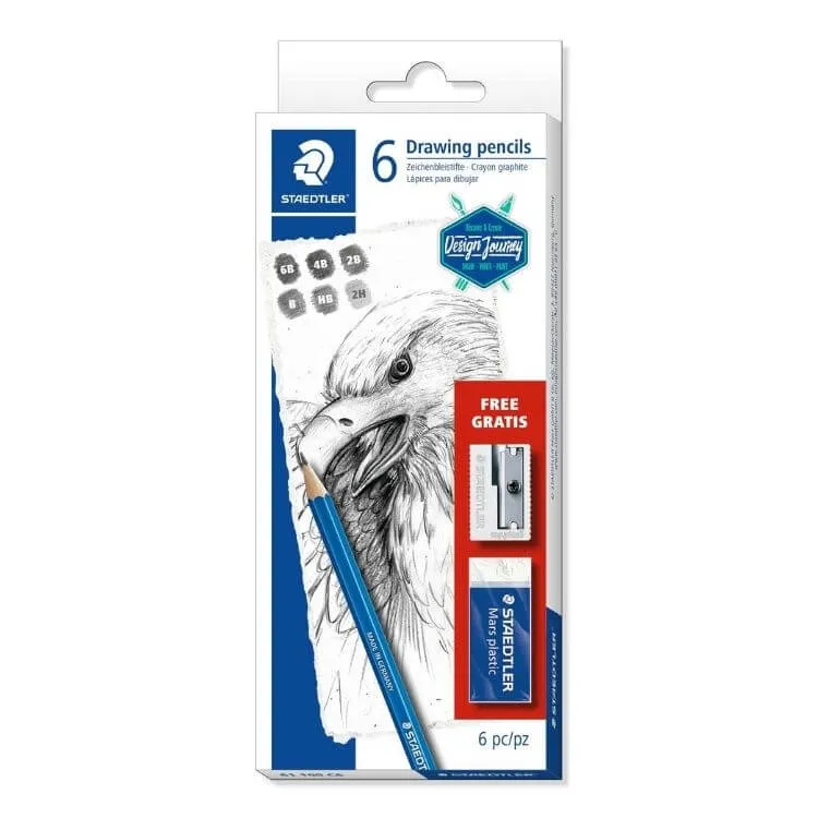 Set de 6 Lápices Grafito Caja de Cartón + 1 goma y 1 tajador de regalo - 61 100 C6 - STAEDTLER