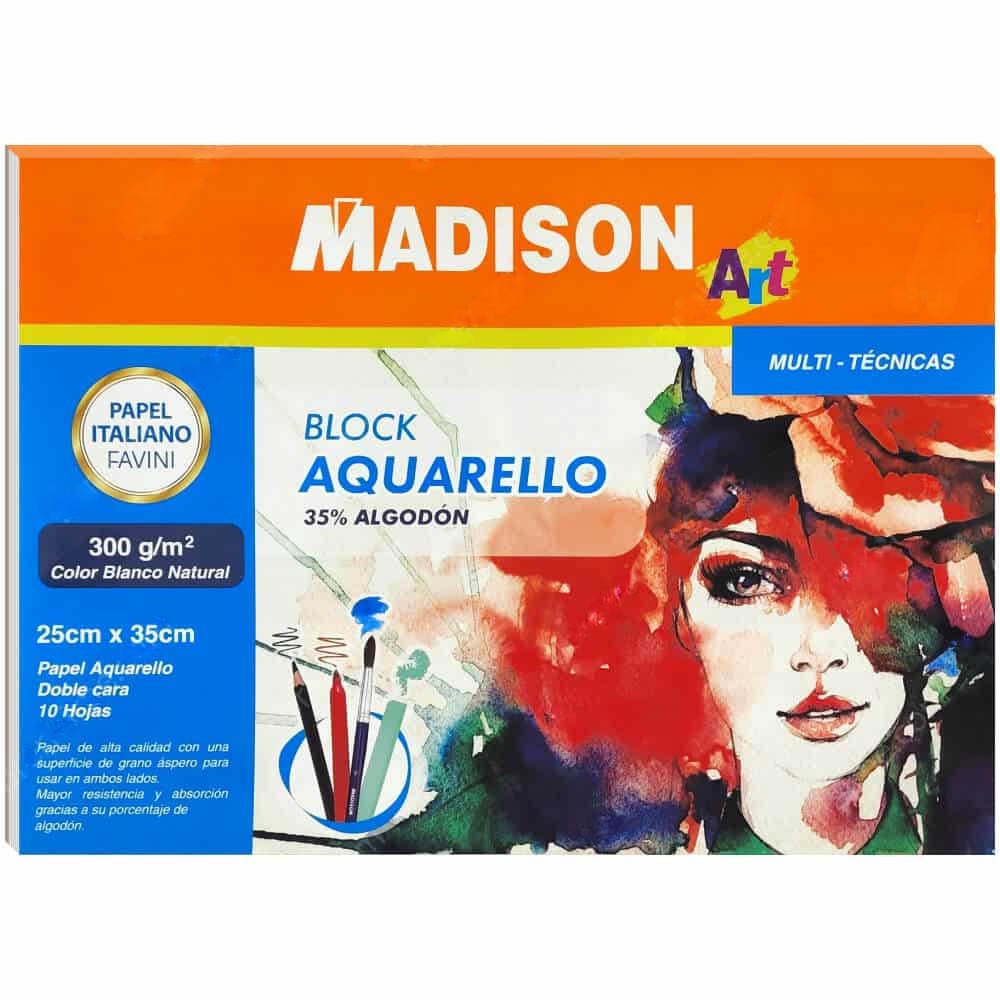 Papel para Pintar con Acuarela / Block Para Acuarela, FAVINI Aquarello, Block de 10 Hojas de 25 x 35 cm, 300 g/m², 35% Algodón - 8748 - MADISON