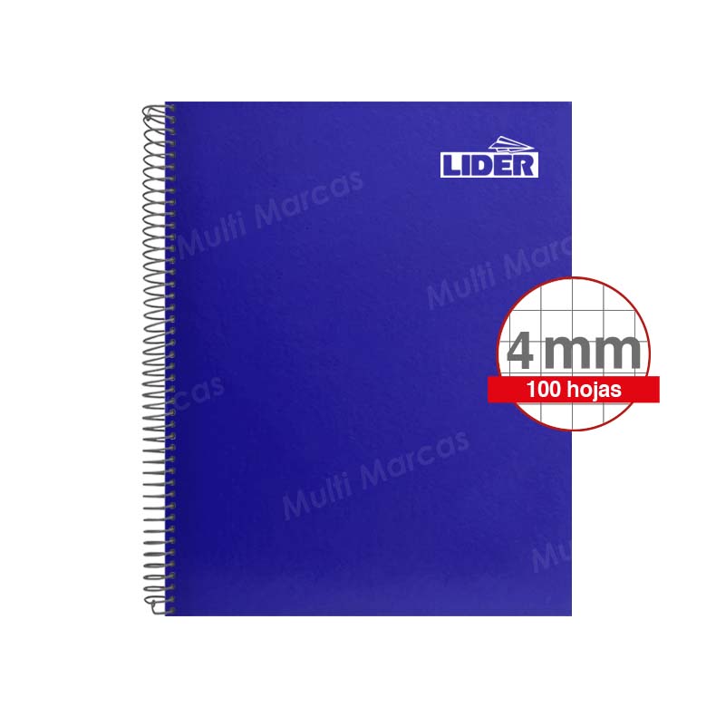Cuaderno Espiral Metálico Medio 1/2 Oficio LIDER Color Pleno 100 Hojas Cuadricula Intermedia