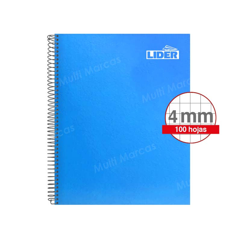 Cuaderno Espiral Metálico Medio 1/2 Oficio LIDER Color Pleno 100 Hojas Cuadricula Intermedia