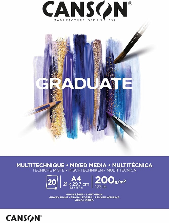Block de Papel para mezclar tecnicas - CANSON GRADUATE MIXED MEDIA - Tamaño A4 con 20 Hojas de 200 g/m²