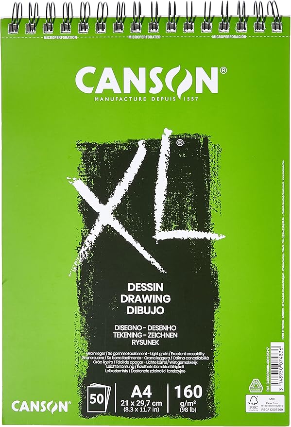 Block de Papel de Dibujo - CANSON DESSION DRAWING DIBUJO XL- Tamaño A4 con 50 Hojas de 160 g/m²