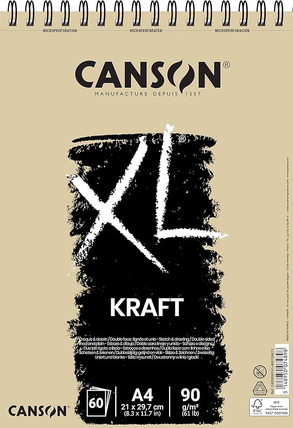 Block de Papel de Dibujo - CANSON KRAFT XL- Tamaño A4 con 60 Hojas de 90 g/m²