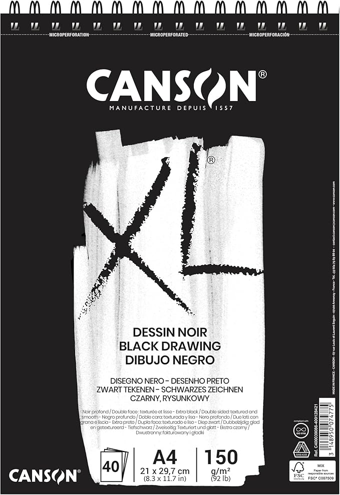 Block de Papel para Dibujo - CANSON DESSIN NOIR BLACK DRAWING XL- Tamaño A4 con 40 Hojas de 150 g/m²