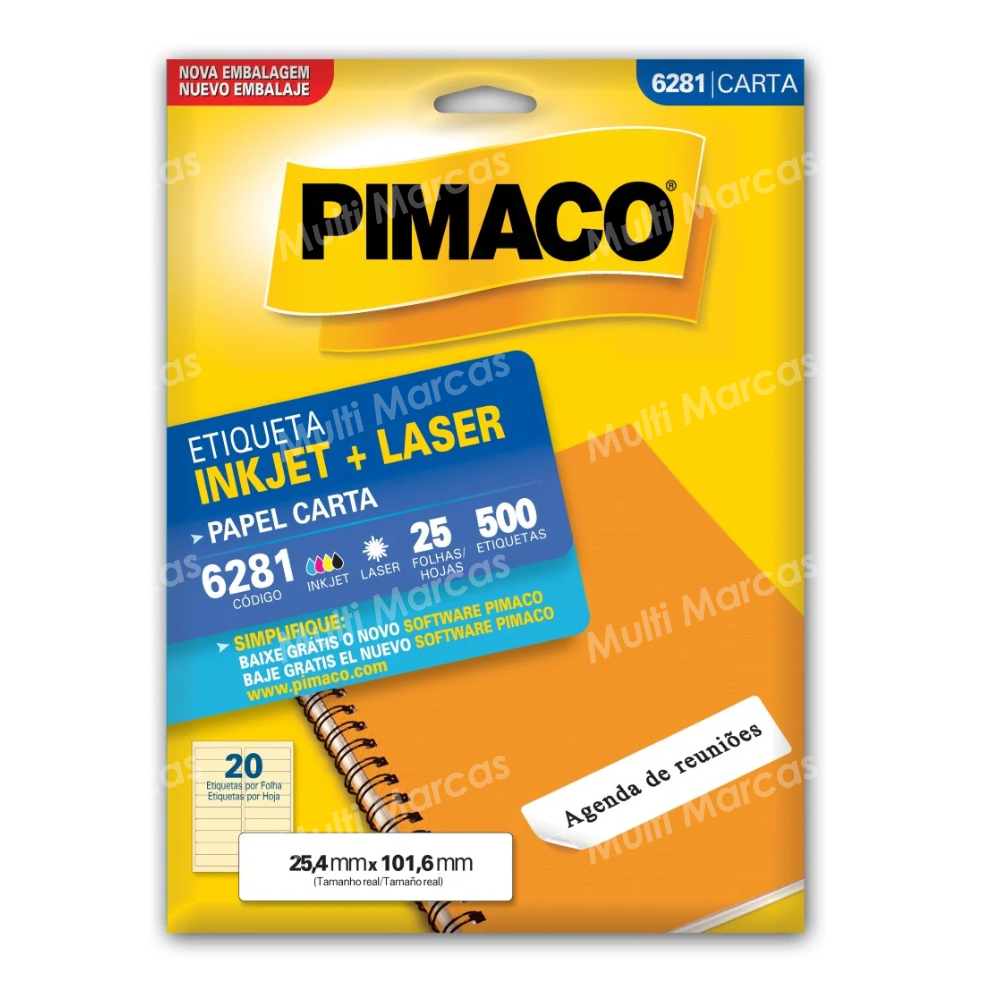 Paquete de 500 Etiquetas Adhesivas Tamaño 25.4 mm x 101.6 mm. de Uso Manual e Impresora InkJet (Inyección a Tinta Líquida) y Laser, Hojas Tamaño Carta - 6281 - PIMACO
