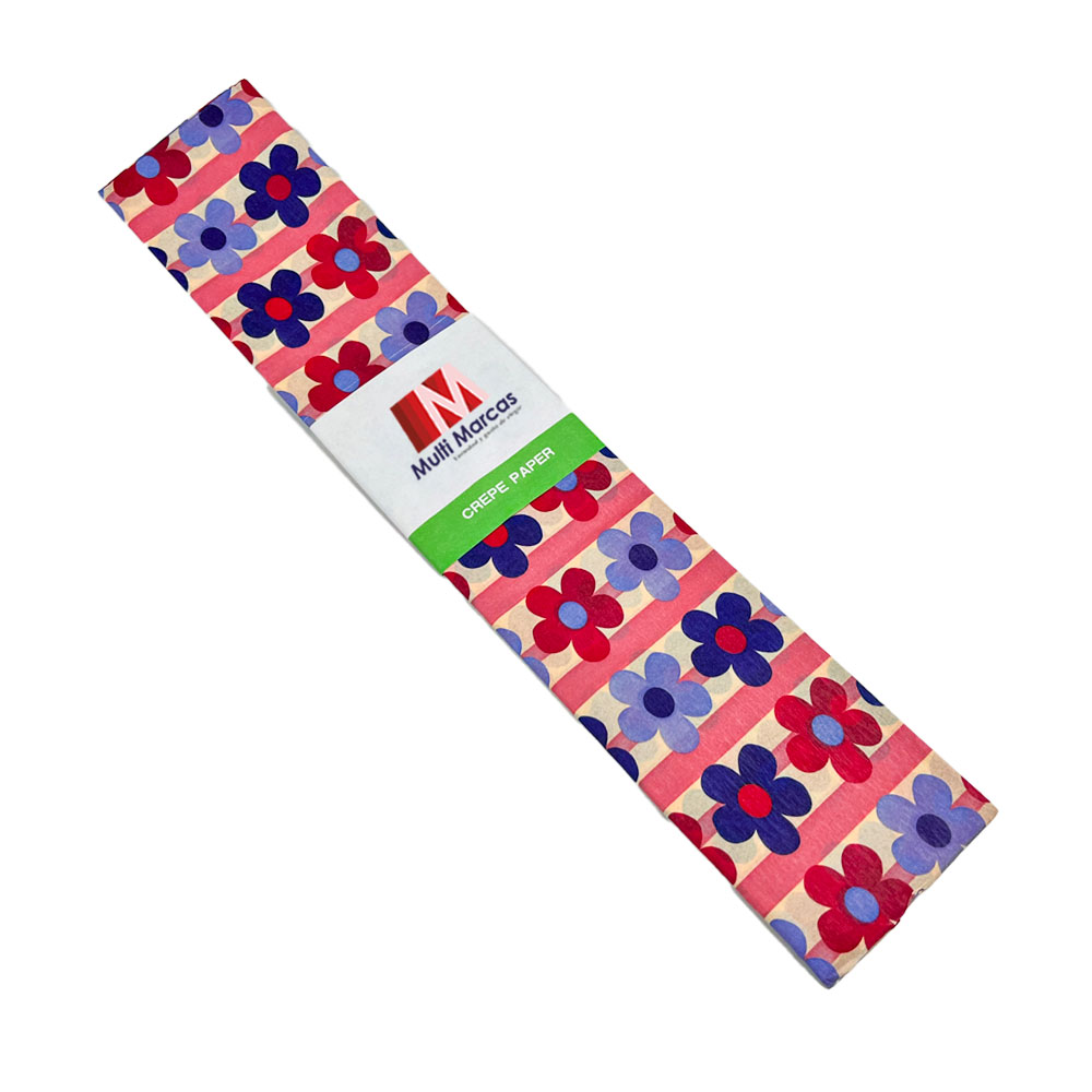 Rollo de Papel Crepé (50 x 150 cm) con patrón de Flores y Líneas de Colores