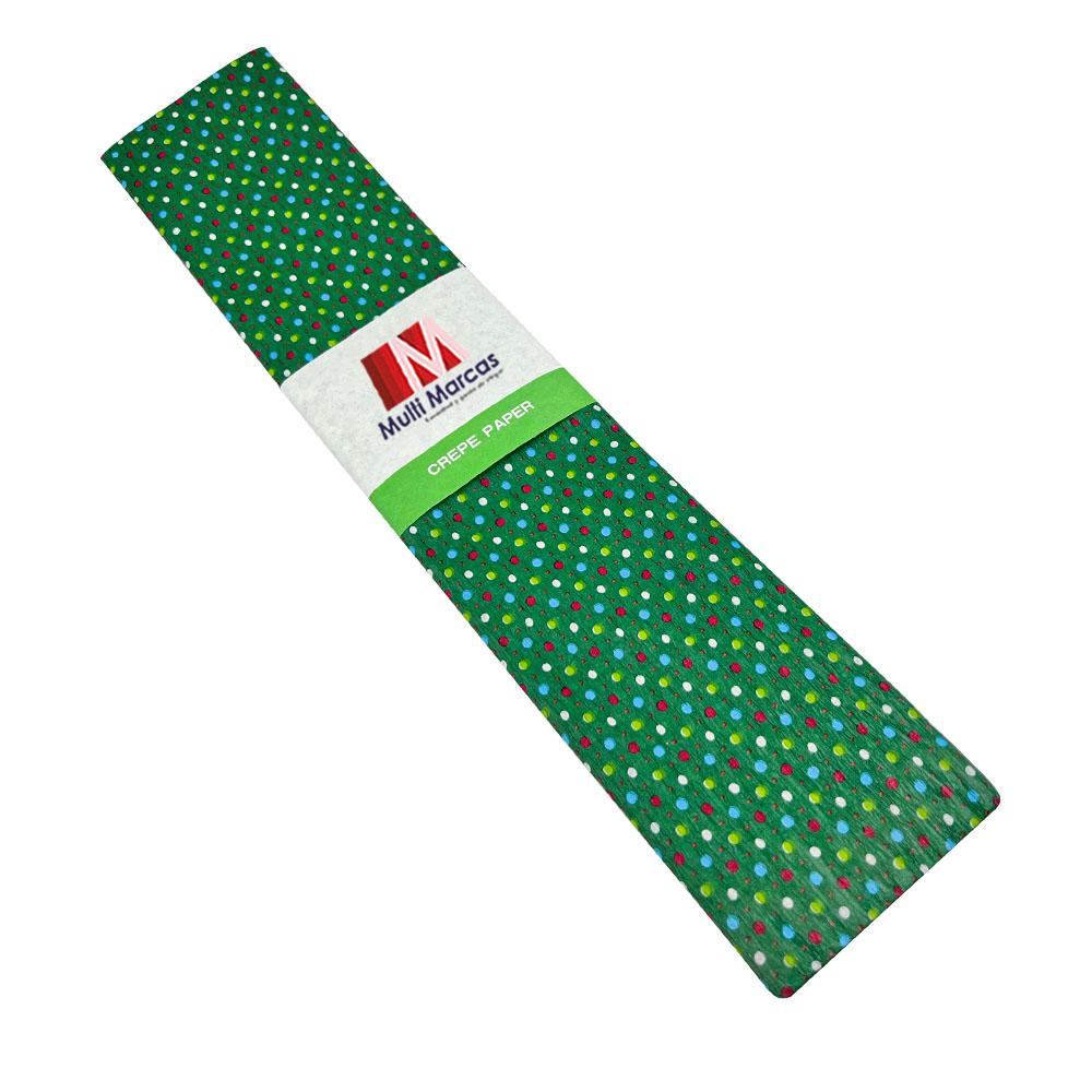 Rollo de Papel Crepé (50 x 150 cm) con patrón Punteado de Colores fondo Verde